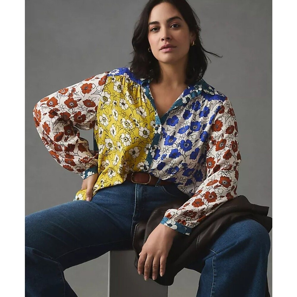 MaEVe Anthropologie Alida Contrast Button Down Shirt Women's Small Floral Boho